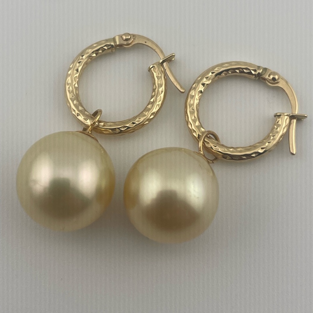 Champagne South Sea Pearl Huggie Earrings Drops 12mm 18k gold - Picture 2 of 15